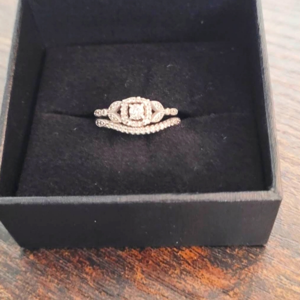 Wedding Set. Silver Ring and Three-Stone Design 1/3 Ct, 10k White Gold